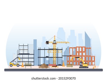 Construction of Building Vector illustration. Architecture Makes Foundation, Pours Concrete, Excavator Digs, Use Machine Tower Cranes and Pile Boring Equipment. Real Estate Cartoon Business
