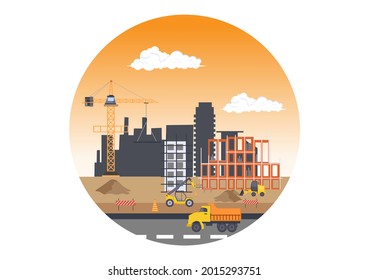 Construcción de la ilustración del vector de construcción. La arquitectura hace a la Fundación, al hormigón Pours, a las excavadoras, al uso de grúas de torre de máquina y telehandlers. Real Estate Cartoon Business