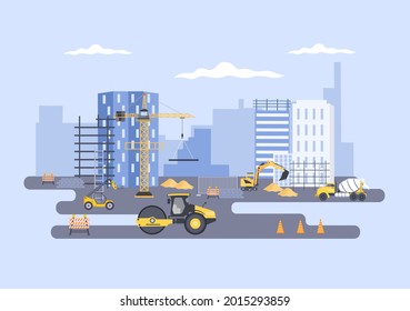 Construction of Building Vector illustration. Architecture Makes Foundation, Pours Concrete, Excavator Digs, Use Machine Tower Cranes, Excavators and Der Molen. Real Estate Cartoon Business