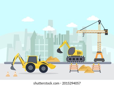 Construcción de la ilustración del vector de construcción. La arquitectura hace a la Fundación, al hormigón Pours, a las excavadoras, a las grúas de la torre de la máquina y al fondo. Real Estate Cartoon Business
