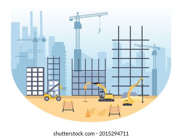 Construction of Building Vector illustration. Architecture Makes Foundation, Pours Concrete, Excavator Digs, Use Machine Tower Cranes, Pile Boring Equipment and Telehandlers. Real Estate Cartoon Busin
