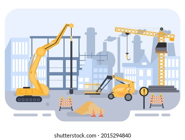 Construction of Building Vector illustration. Architecture Makes Foundation, Pours Concrete, Excavator Digs, Use Machine Tower Cranes, Pile Boring Equipment and Boom Lift. Real Estate Cartoon Business