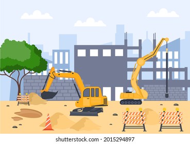 Construction of Building Vector illustration. Architecture Makes Foundation, Pours Concrete, Excavator Digs, Use Machine Tower Cranes, Pile Boring Equipment and Excavators. Real Estate Cartoon Busines