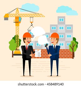 Construction or building vector illustration. Builders discussing construction of house