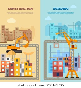 Construction and building vertical banner set with flat houses and machines isolated vector illustration
