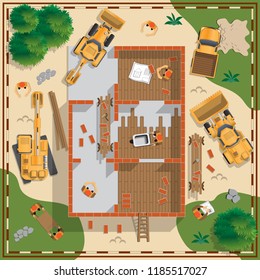 Construction of the building. View from above. Vector illustration.