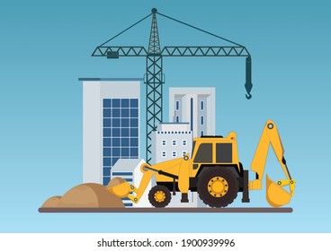 Construction of building.Crane with bulldozer, Machinery working in area.Under construction Building work process with construction machines, Vector illustration.