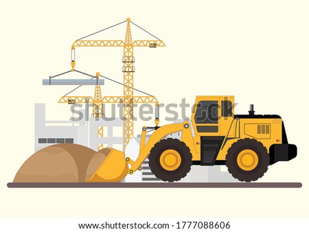 Construction of building.Machinery working in area. Crane with bulldozer, under construction Building work process with construction machines, Vector illustration.