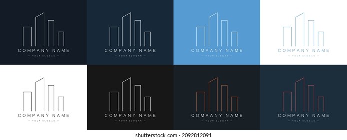 Construction and buildings logos set. Business sign templates for Real Estate, brokerage, building and renovation businesses. Modern linear style. Company Vector illustration