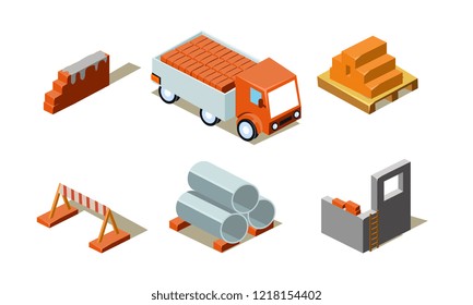 Construction buildings process, industrial materials, elements for computer game interface vector Illustration on a white background