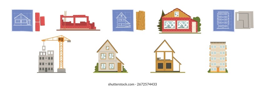 Construction and Buildings Project and Site with Structure Vector Set