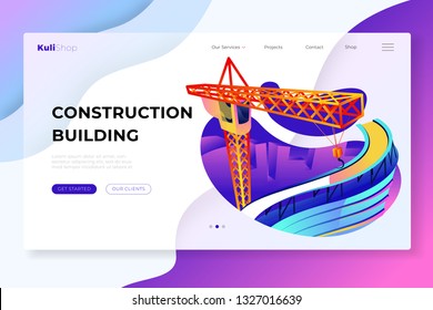construction of buildings that are running with sophisticated equipment that is colored orange - All elements on this template are editable with vector software
