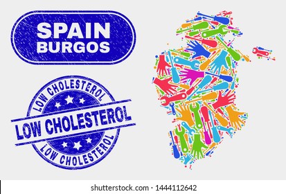 Construction Burgos Province map and blue Low Cholesterol scratched seal. Colorful vector Burgos Province map mosaic of machinery. Blue round Low Cholesterol seal.