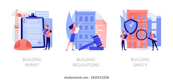 Construction business abstract concept vector illustration set. Building permit regulations and safety, contractor service, construction site, engineering project, application form abstract metaphor.