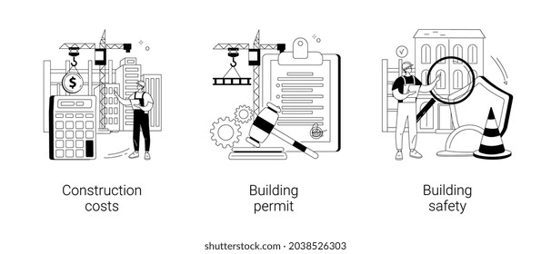 Construction business abstract concept vector illustration set. Construction costs, building permit and safety, protection helmet, contractor engineering, design project, investment abstract metaphor.