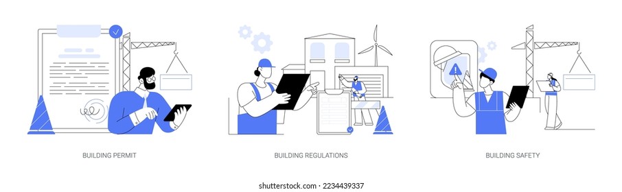 Construction business abstract concept vector illustration set. Building permit regulations and safety, contractor service, construction site, engineering project, application form abstract metaphor.