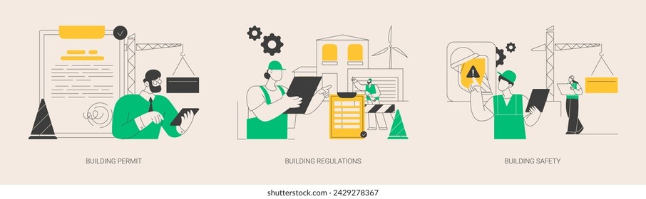 Construction business abstract concept vector illustration set. Building permit regulations and safety, contractor service, construction site, engineering project, application form abstract metaphor.