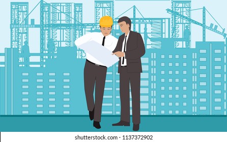 Construction business - an engineer and a customer considering a plan on the background of building - vector art