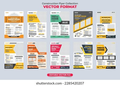 Colección de plantillas de volante de empresa de construcción con colores amarillo y rojo. El volante promocional del negocio inmobiliario es un vector con marcadores de foto. Reparación residencial y bonitos paquetes de afiches de servicio.