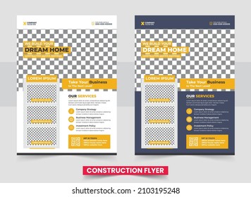 Plantilla de viajero de empresa de construcción. Cubierta de herramientas de construcción, plantilla a4 de la página de atrás e iconos planos para un diseño de informes y folletos, volante, pancarta, decoración de folletos para impresión y presentación