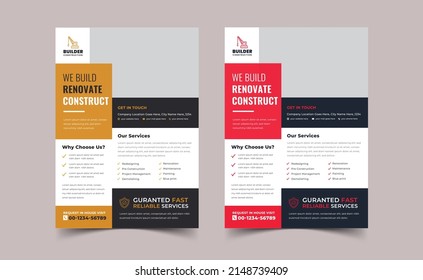 Construction Business Flyer Template with yellow and red color,  Renovation Flyer Template Design, home improvement flyer template, home repair flyer.