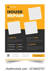 Construction Business Flyer Template with yellow color, Corporate construction tools flyer design,  home improvement flyer template, home repair flyer.