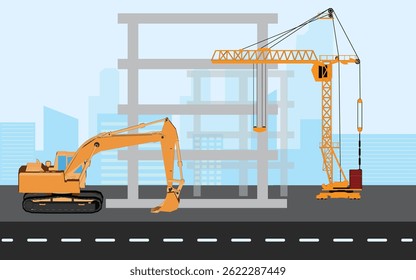Negócios de construção, construção de arranha-céus, uso de guindaste e construção de grandes edifícios nas cidades, gráficos de construção em grandes cidades