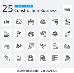 CONSTRUCTION BUSINESS ICON PACK OUTLINE STYLE with Logistic delivery, mixer truck, job search, barrier, caution, renovation, claims, inspection, surveying and plumbing