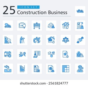 CONSTRUCTION BUSINESS ICON PACK OUTLINE STYLE with Logistic delivery, mixer truck, job search, barrier, caution, renovation, claims, inspection, surveying and plumbing