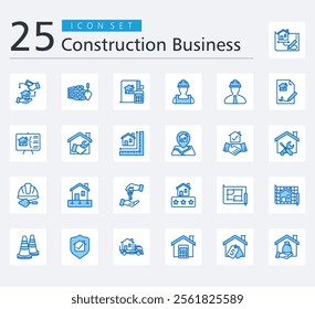 CONSTRUCTION BUSINESS ICON SET BLUE STYLE with technical drawing, payment, brick wall, finance, worker, manager, contract, presentation, house repair and measuring