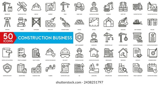 Construction Business icon set. Building, Renovation, Contracts, Construction Safety , Building Permit, Foundation Work and Plumbing,