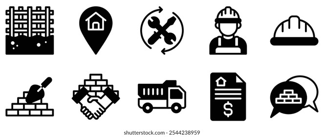 Bau Business Icon Set Stabile Solid Style Kollektion für Gebäude und Entwicklung