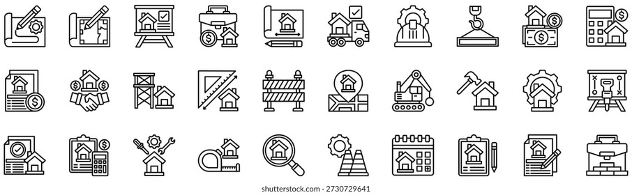 Colección de iconos de negocios de construcción. Ilustración vectorial. Dibujo, Plano, Presentación, Trabajo, Dibujo técnico, Camión móvil, Sombrero duro, Viga, Pago, Calculadora. Vector Pro	