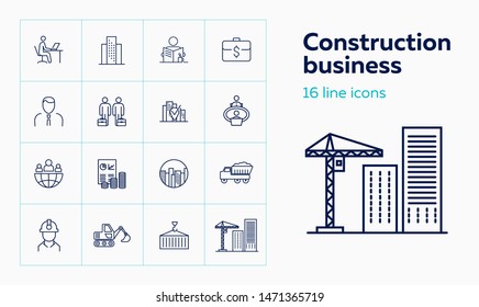 Construction business line icon set. Set of line icons on white background.Business concept.Office, building, worker. Vector illustration can be used for topics like architecture, business, investment