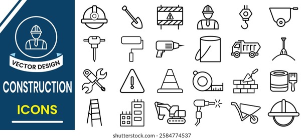 Construction business line icon set. Construction tools, helmet, worker. Construction vector outline icons set. Vector illustration.