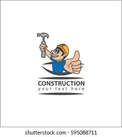 Construction Business Logo, Men Character Hold an Hammer Illustraton