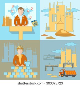 Construction business presentation industry construction site work crane global planning  truck brick sand pipeline new buildings vector illustration  