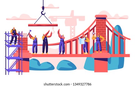 Construction Cable  stayed Bridge  Professional Character Build New Connection two Shore  Analyze Plan   Place  Laying Brick   Attache Cable  Flat Cartoon Vector Illustration