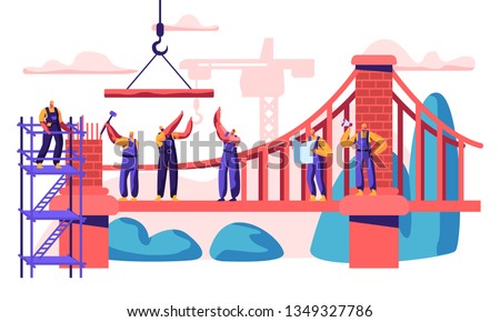 Construction Cable-stayed Bridge. Professional Character Build New Connection of two Shore. Analyze Plan and Place, Laying Brick and Attache Cable. Flat Cartoon Vector Illustration Stock foto © 