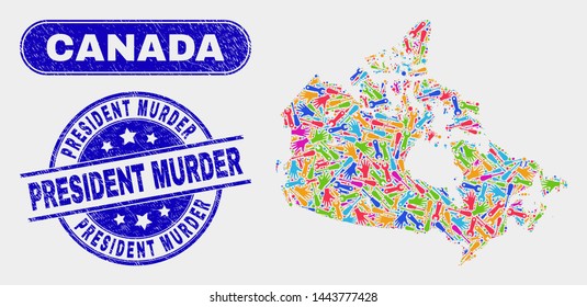 Construction Canada map and blue President Murder distress stamp. Colored vector Canada map mosaic of production elements. Blue rounded President Murder stamp.