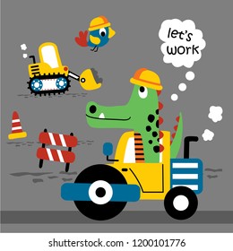 construction car and funny animal cartoon,vector illustration