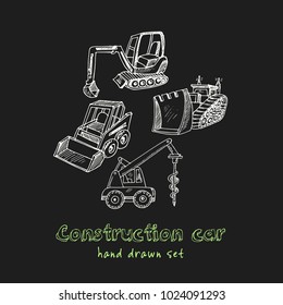 Construction car Hand drawn doodle set. Vector illustration. Isolated elements on black background. Symbol collection.