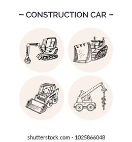 Construction car Hand drawn doodle set. Vector illustration. Isolated elements on white background. Symbol collection.