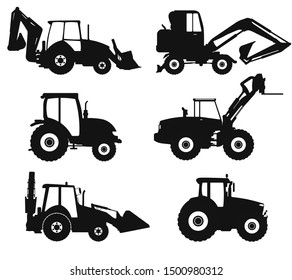 Construction Car Icon Set, Build Machine, Vector Isolated Illustration, Side View