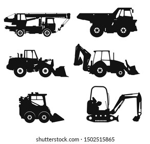 Construction car icon set, build machine, vector isolated illustration, side view
