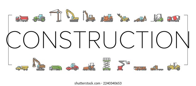 los iconos del tractor del vehículo de construcción establecen el vector. excavadora de máquinas, excavadora de máquinas, grúa de trabajo, equipo, excavadora de carreteras de construcción de buldózer pesados ilustraciones de la línea de color de los tractores de vehículos