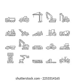 construction car vehicle tractor icons set vector. machinery excavator, machine digger, work crane, equipment, heavy bulldozer road construction car vehicle tractor black contour illustrations