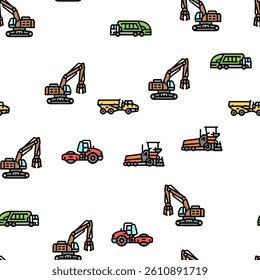 construction car vehicle tractor Vector Seamless Pattern Thin Line Illustration