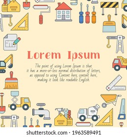 Construction - card with text and vector color illustrations of building, crane, truck, bulldozer, saw, wrench, shovel and other tool for graphic design