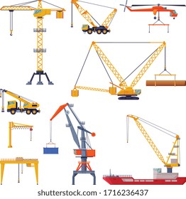 Construction and Cargo Cranes Collection, Heavy Transportation Service Vehicles and Elevating Equipment Flat Vector Illustration